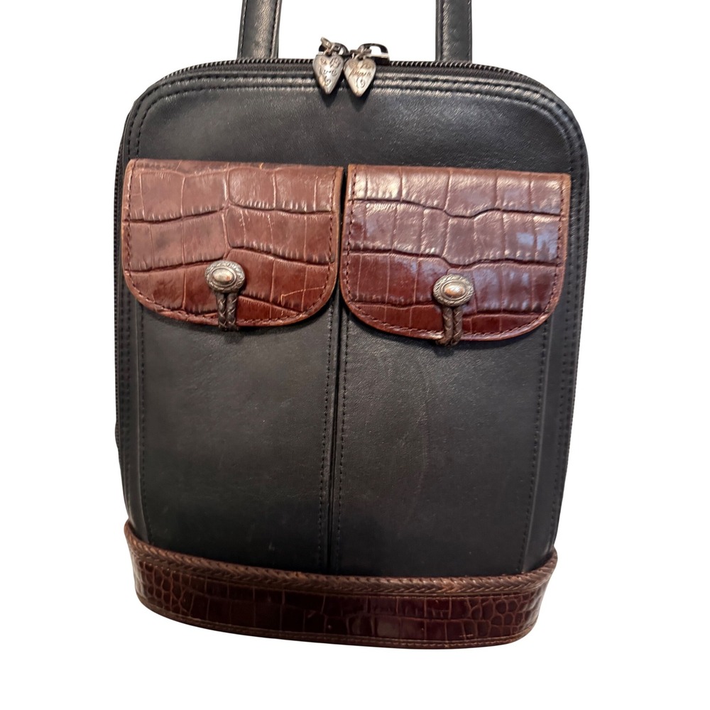 Brighton One World Black Brown Croc Embossed Leather Mini Backpack Heart Zipper